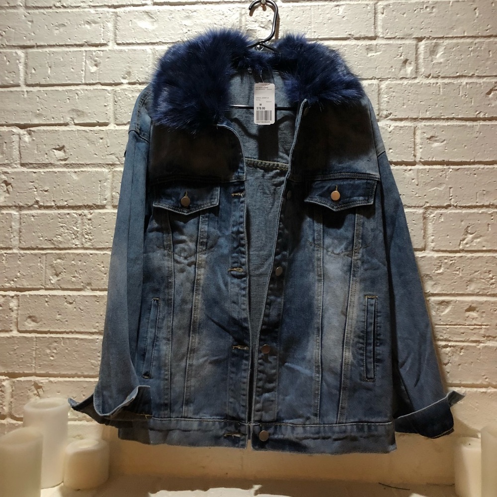 Oversized Denim Jacket with Removable Fur Trim